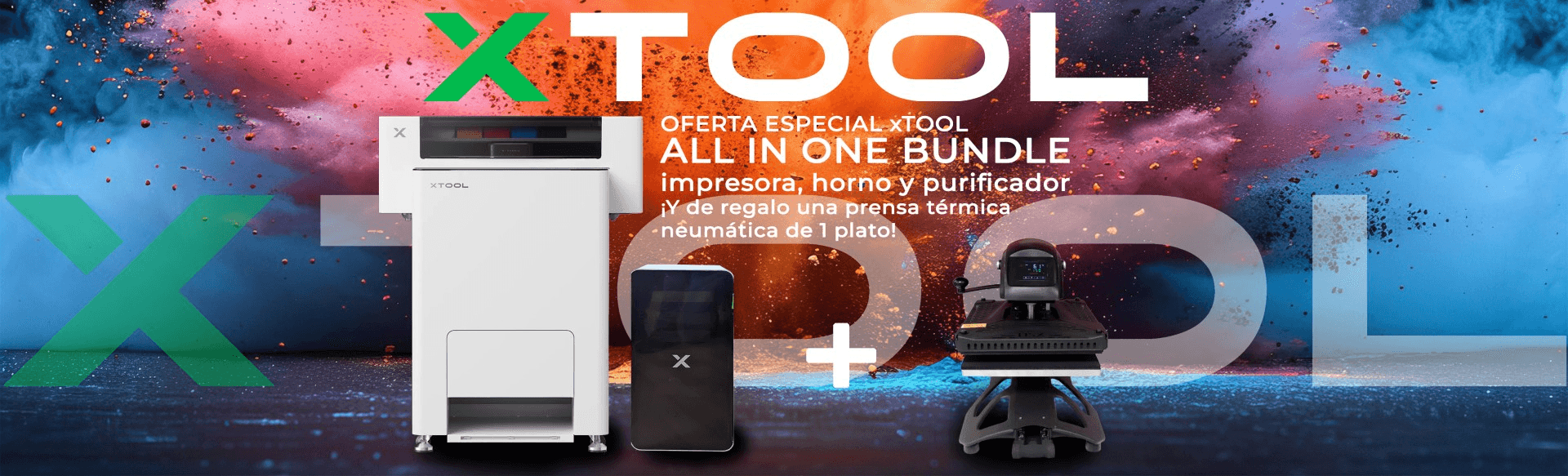 Oferta especial xTool All in One Bundle: impresora, horno y purificador, con prensa térmica neumática de 1 plato de regalo