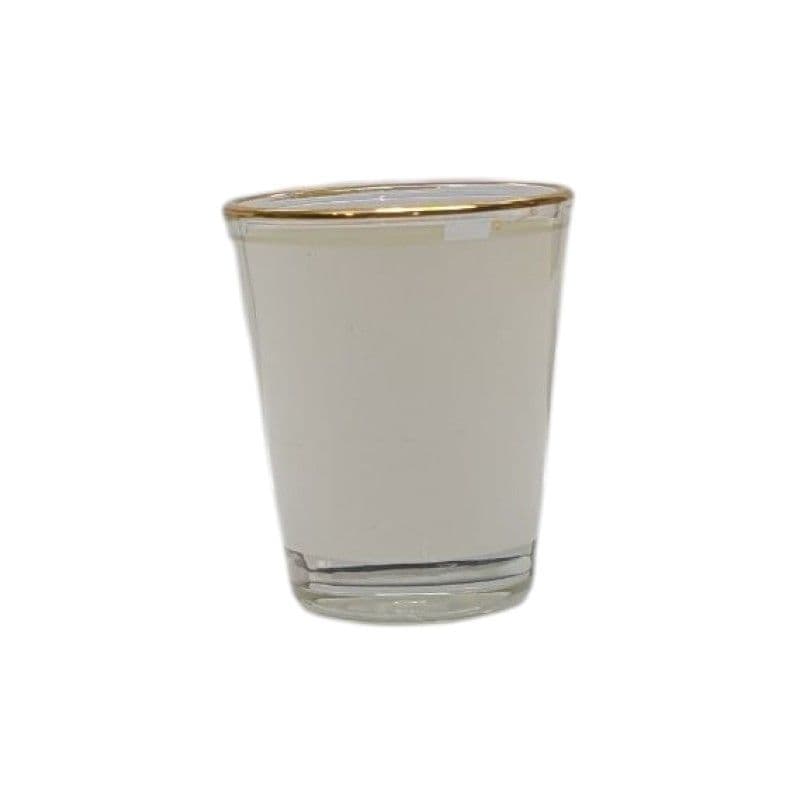 VASO DE CHUPITO 2 oz. CRITAL, CÓNICO, CON BANDA BLANCA Y FILO DORADO.