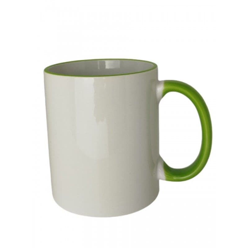 TAZA BLANCA. ASA Y FILO VERDE CLARO. 11 oz. SUBLIMABLE