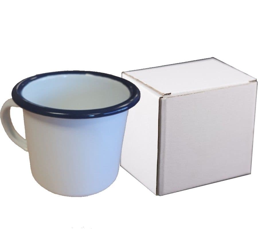TAZA BLANCA VINTAGE ESMALTADA CON FILO AZUL Y CAJA.