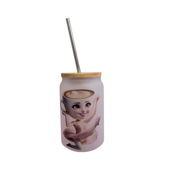 VASO VIDRIO ESMERILADO, FORMA LATA C/TAPA DE BAMBÚ Y PAJITA 400 ML.